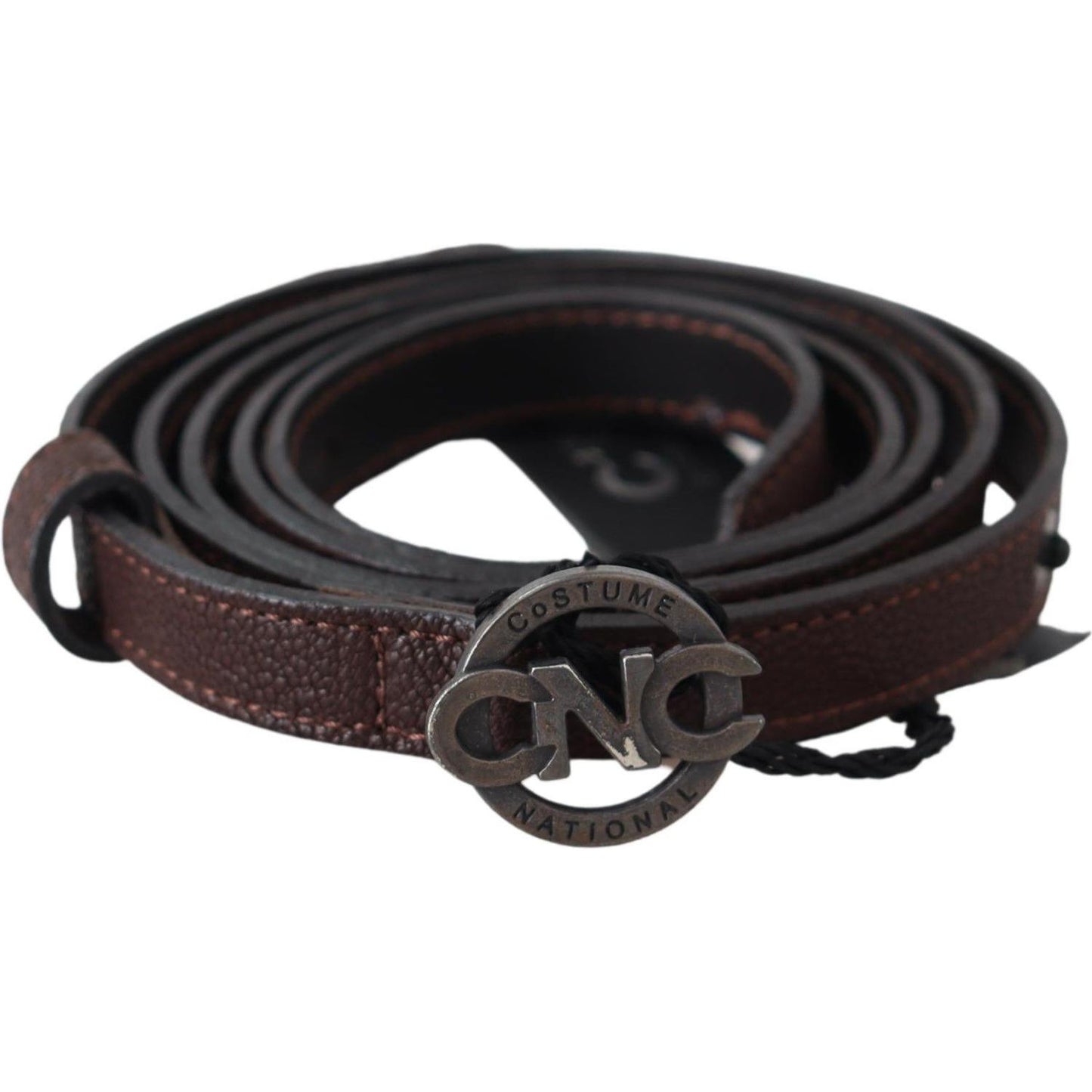 Costume National Brown Skinny Leather Round Logo Buckle Belt