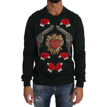 Dolce & Gabbana Green Crystal Heart Roses Gun Sweater