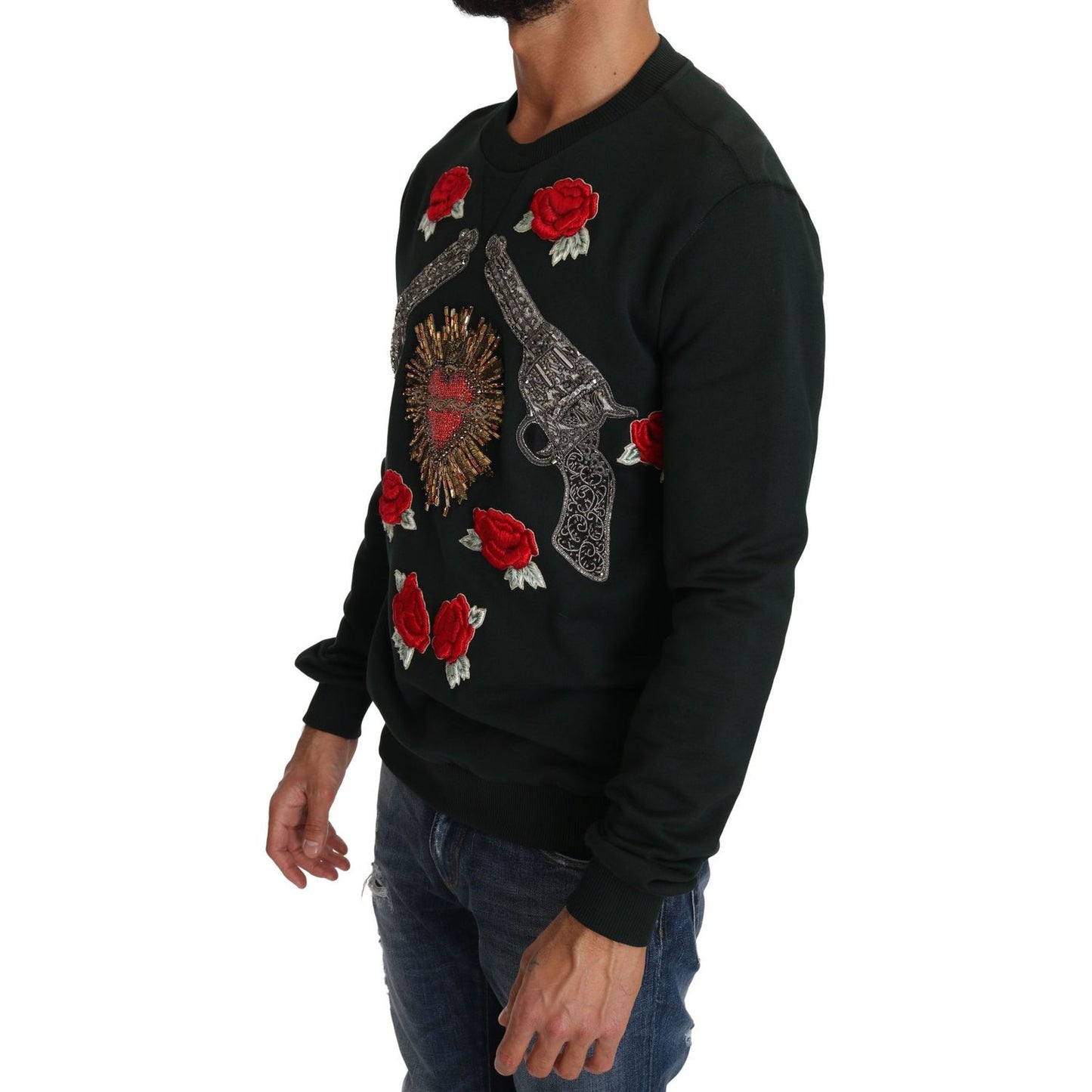 Dolce & Gabbana Emerald Cotton Sweater with Crystal Embroidery Dolce & Gabbana