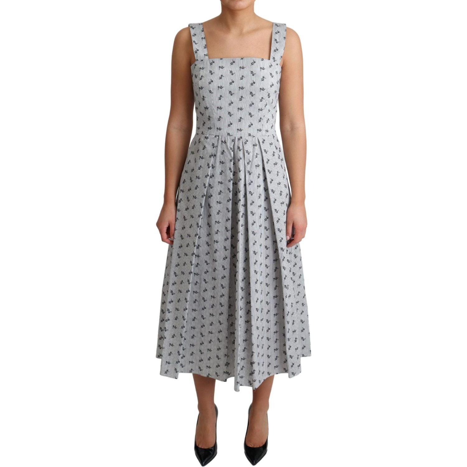 优雅条纹花卉 A 字形连衣裙