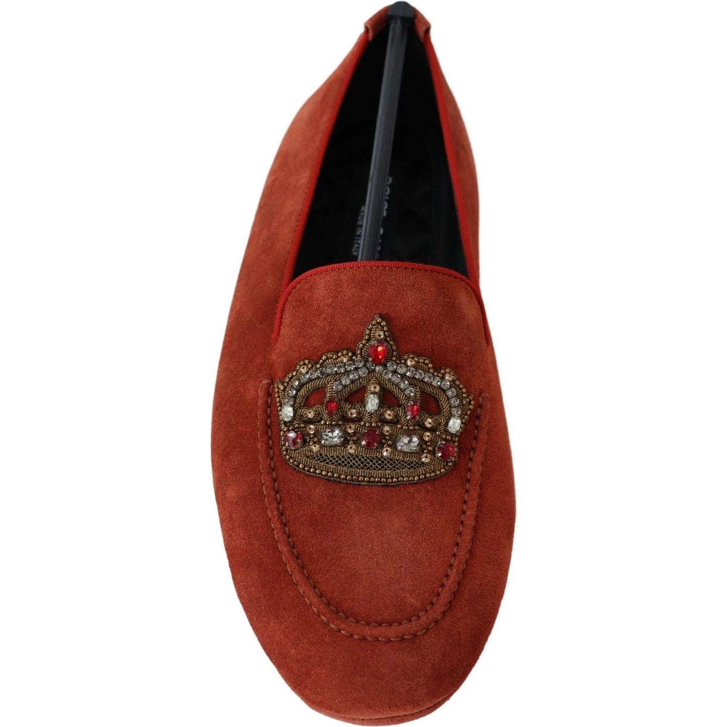 Dolce & Gabbana Orange Leather Crystal Crown Loafers Shoes