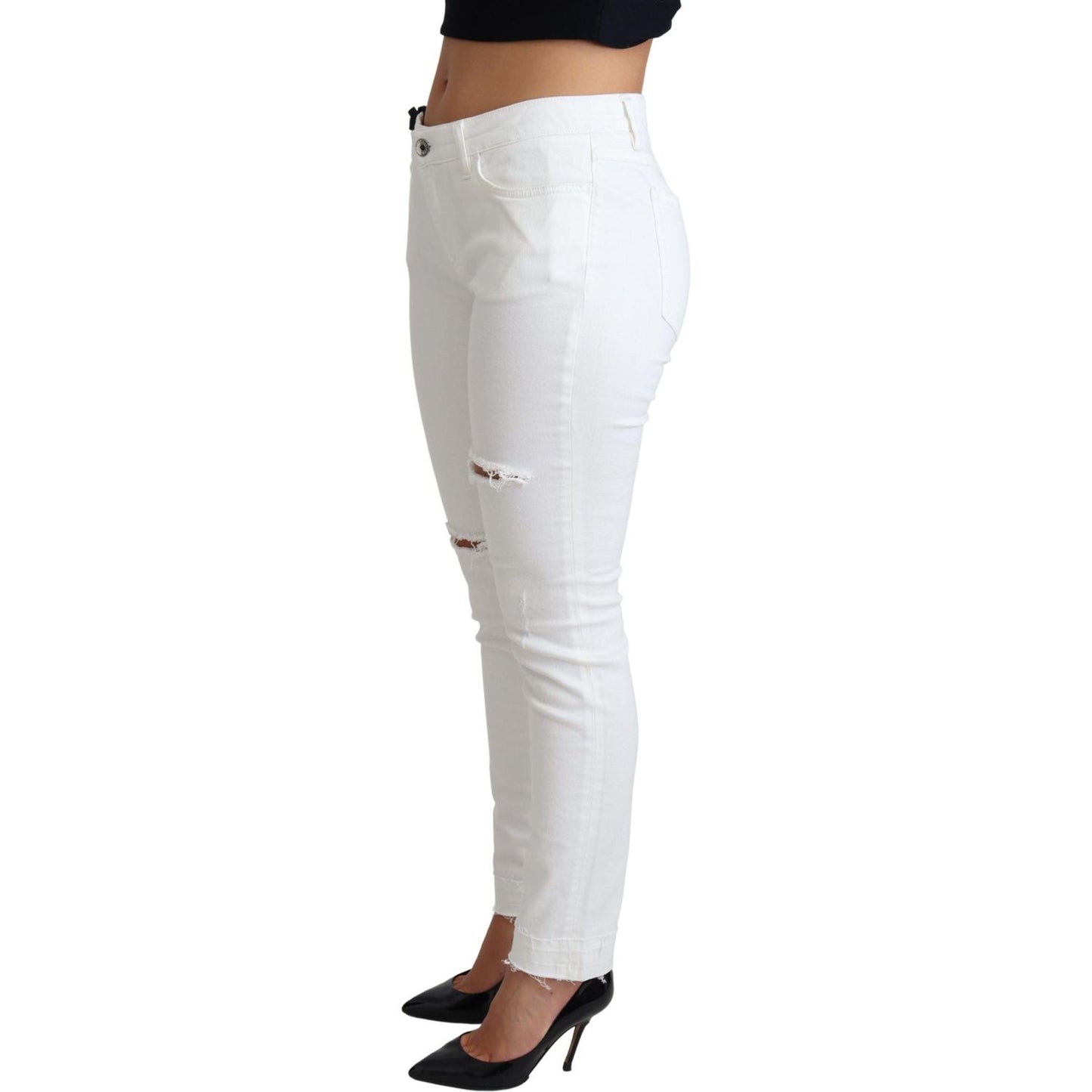 Dolce & Gabbana White Tattered Skinny Denim Cotton Stretch Jeans
