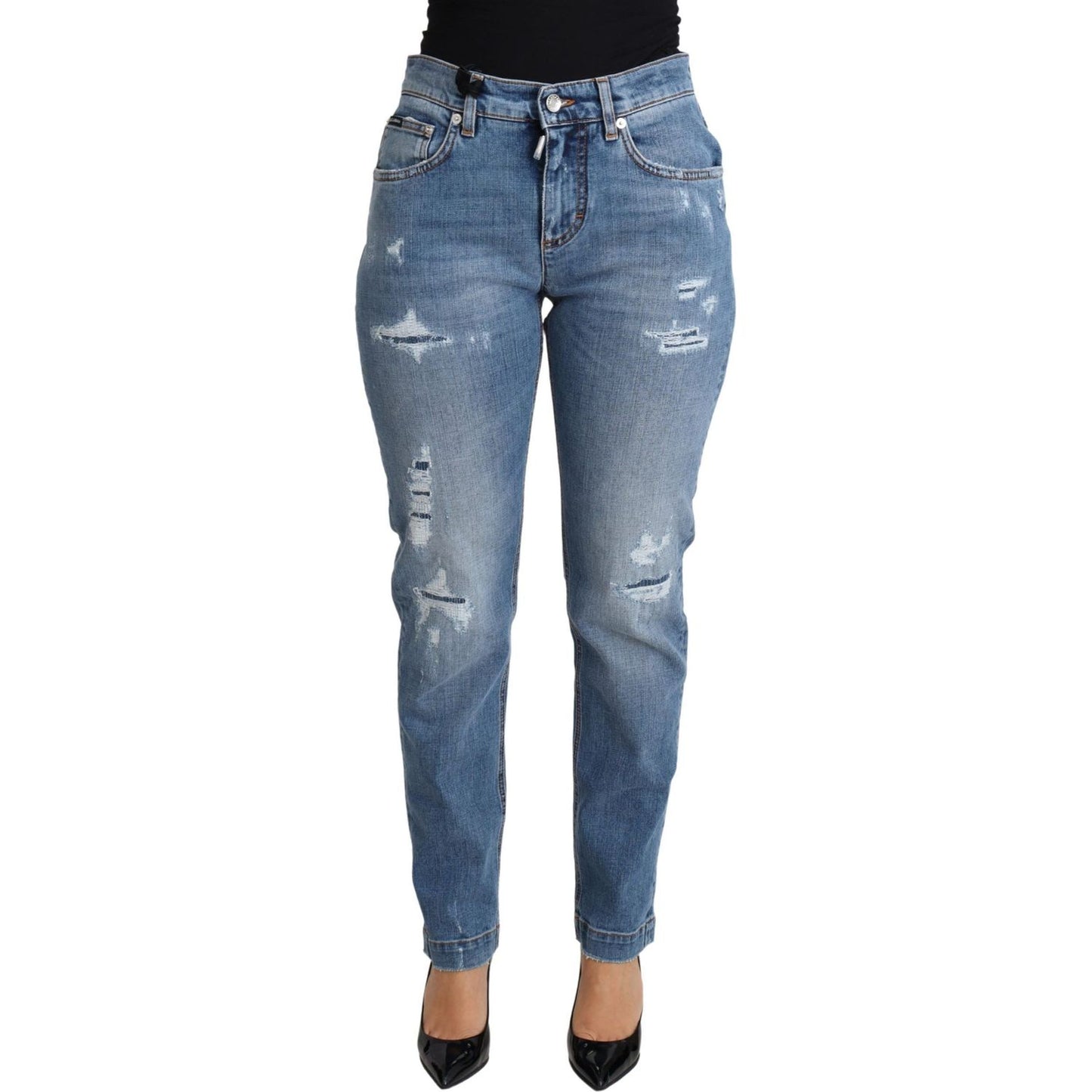 Dolce & Gabbana Blue Tattered Skinny Denim Cotton Blend Jeans