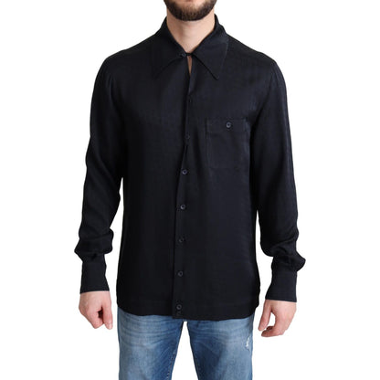 Dolce & Gabbana Black Jacquard Silk Casual Button Down Shirt