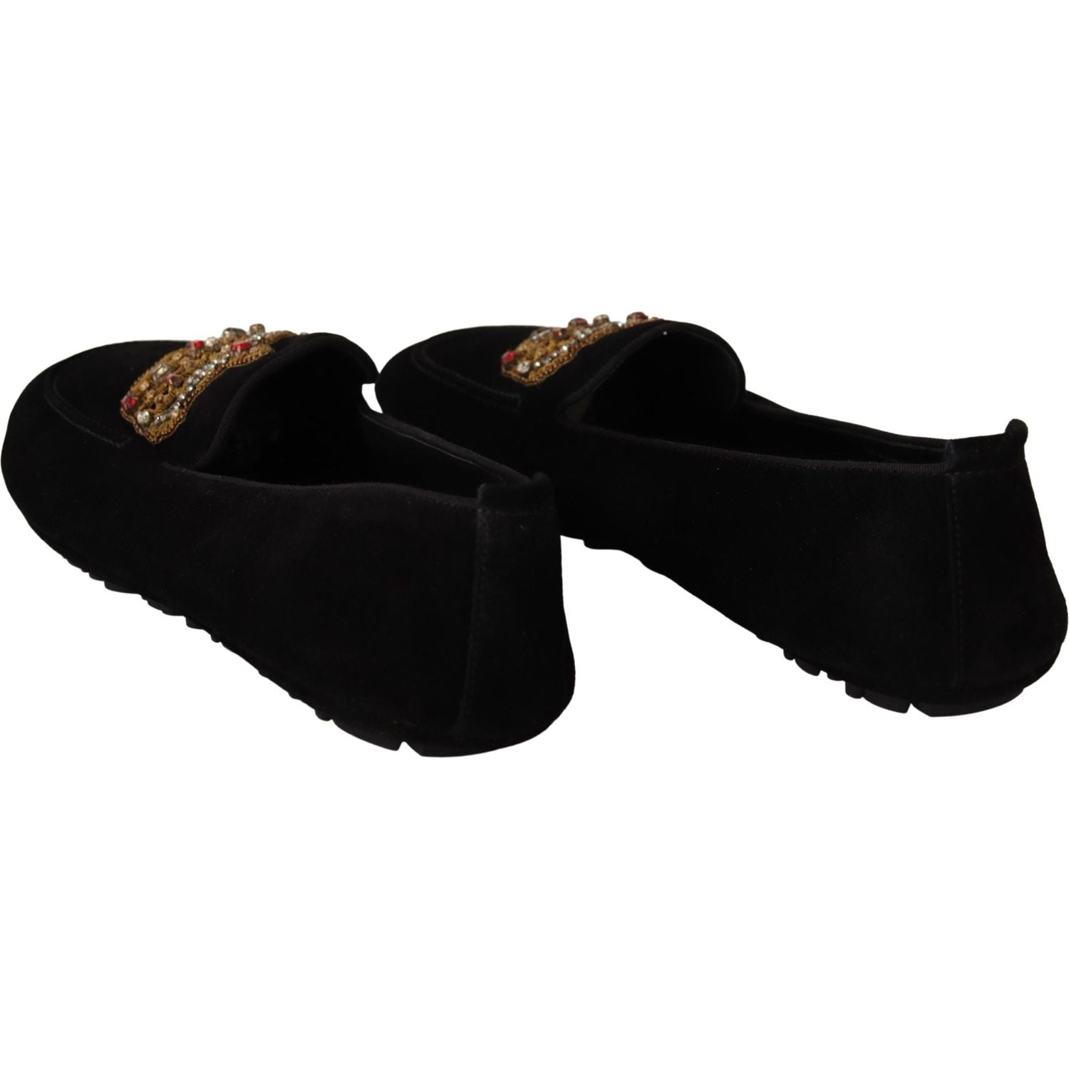 Dolce & Gabbana Black Leather Crystal Gold Crown Loafers Shoes