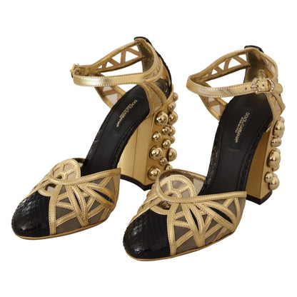Dolce & Gabbana Black Gold Leather Studded Ankle Straps Shoes