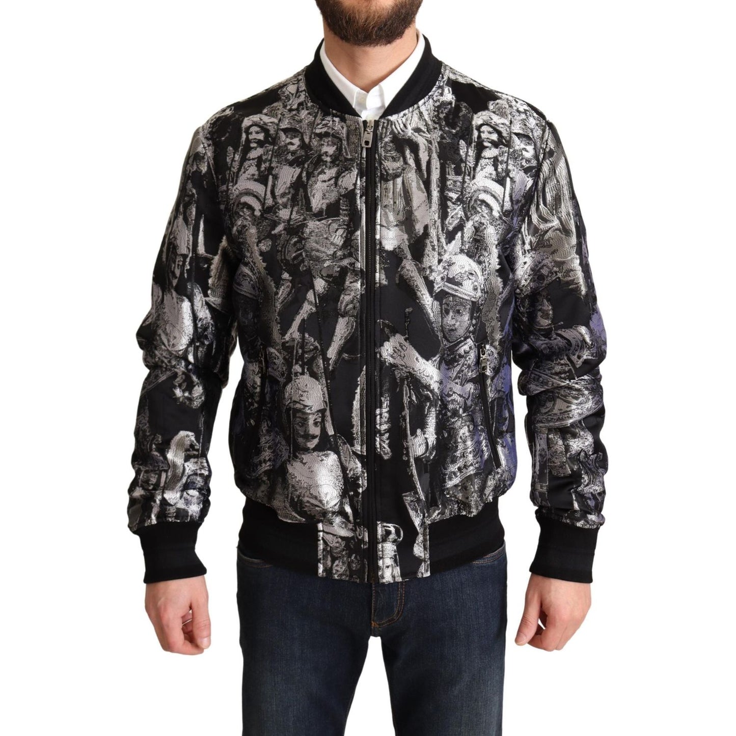 Dolce & Gabbana Black Silver Puppi Motive Bomber Jacket