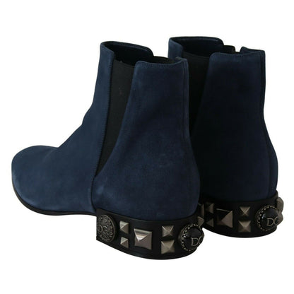 Dolce & Gabbana Blue Suede Embellished Studded Boots Shoes
