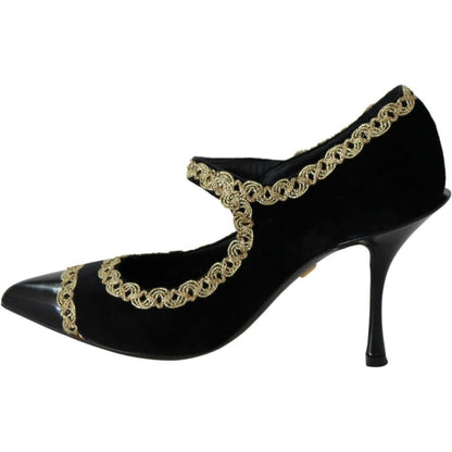 Dolce & Gabbana Black Embellished Velvet Mary Jane Pumps Shoes
