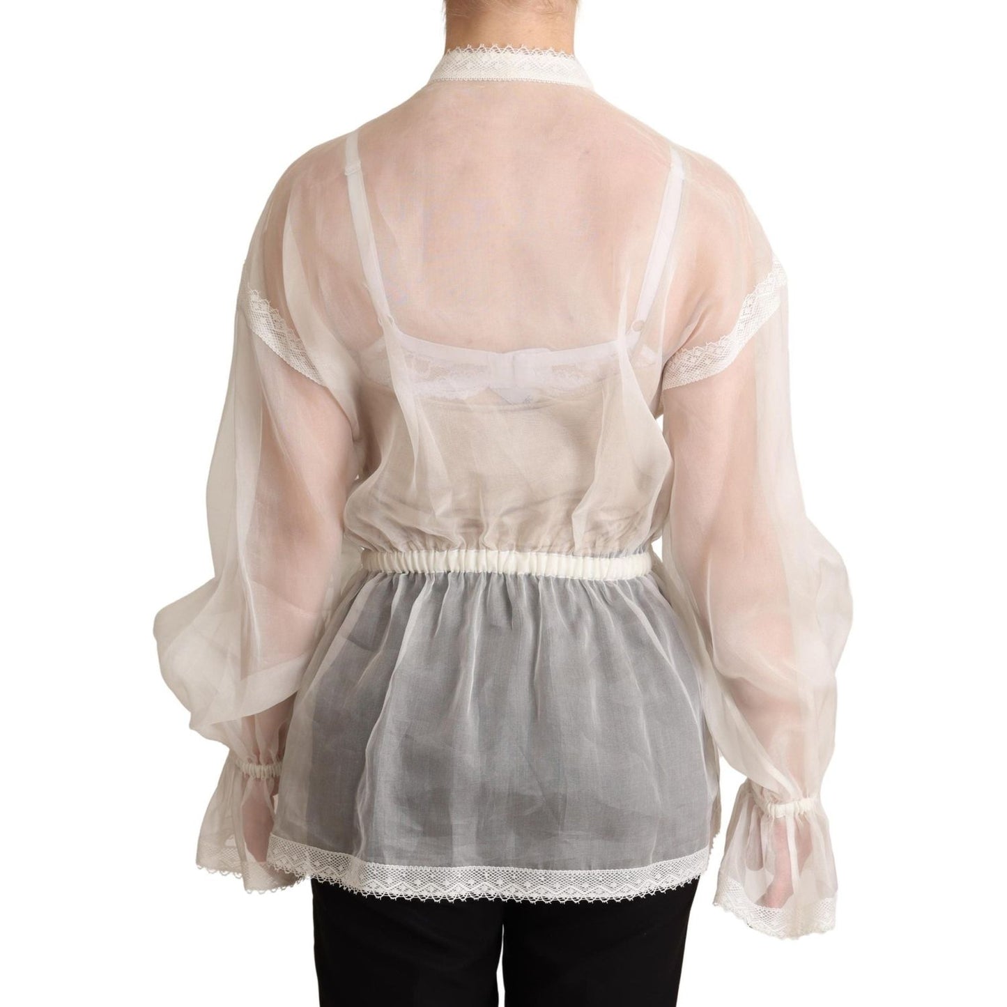 Dolce & Gabbana White Ascot Collar Long Sleeves Blouse Top