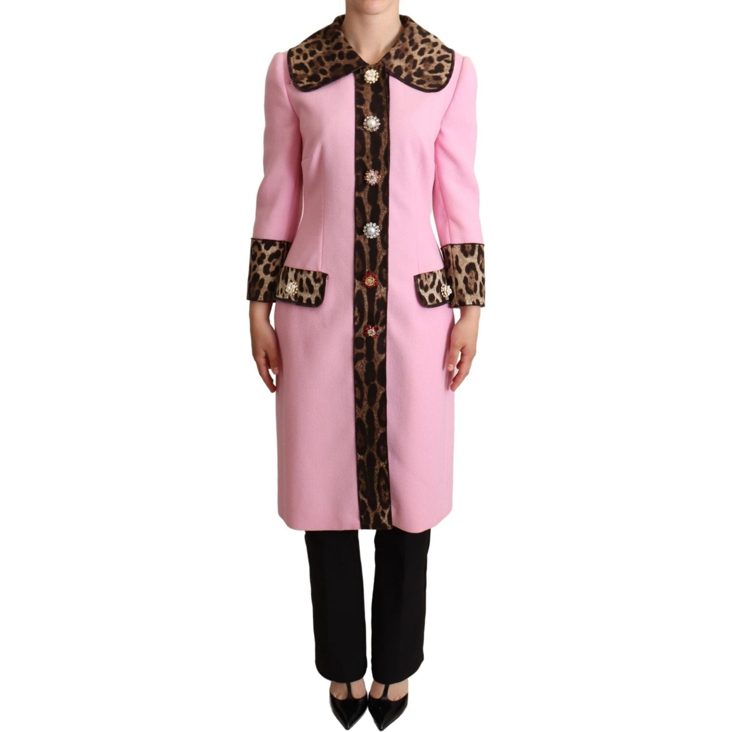 Dolce & Gabbana Pink Leopard Wool Trenchcoat Jacket