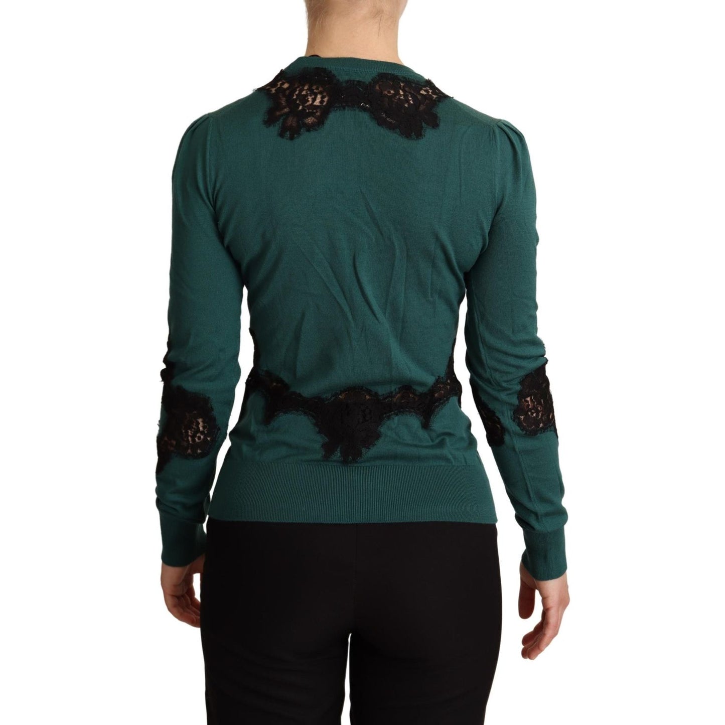 Dolce & Gabbana Elegant Green Pullover with Black Lace Detail Dolce & Gabbana