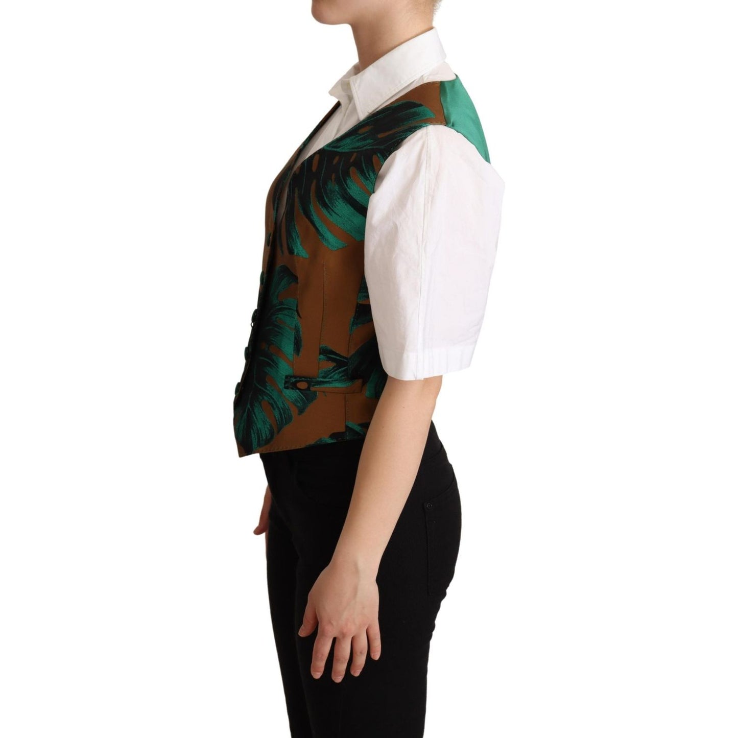 Dolce & Gabbana Green Jacquard Leaf Gold Waistcoat Vest