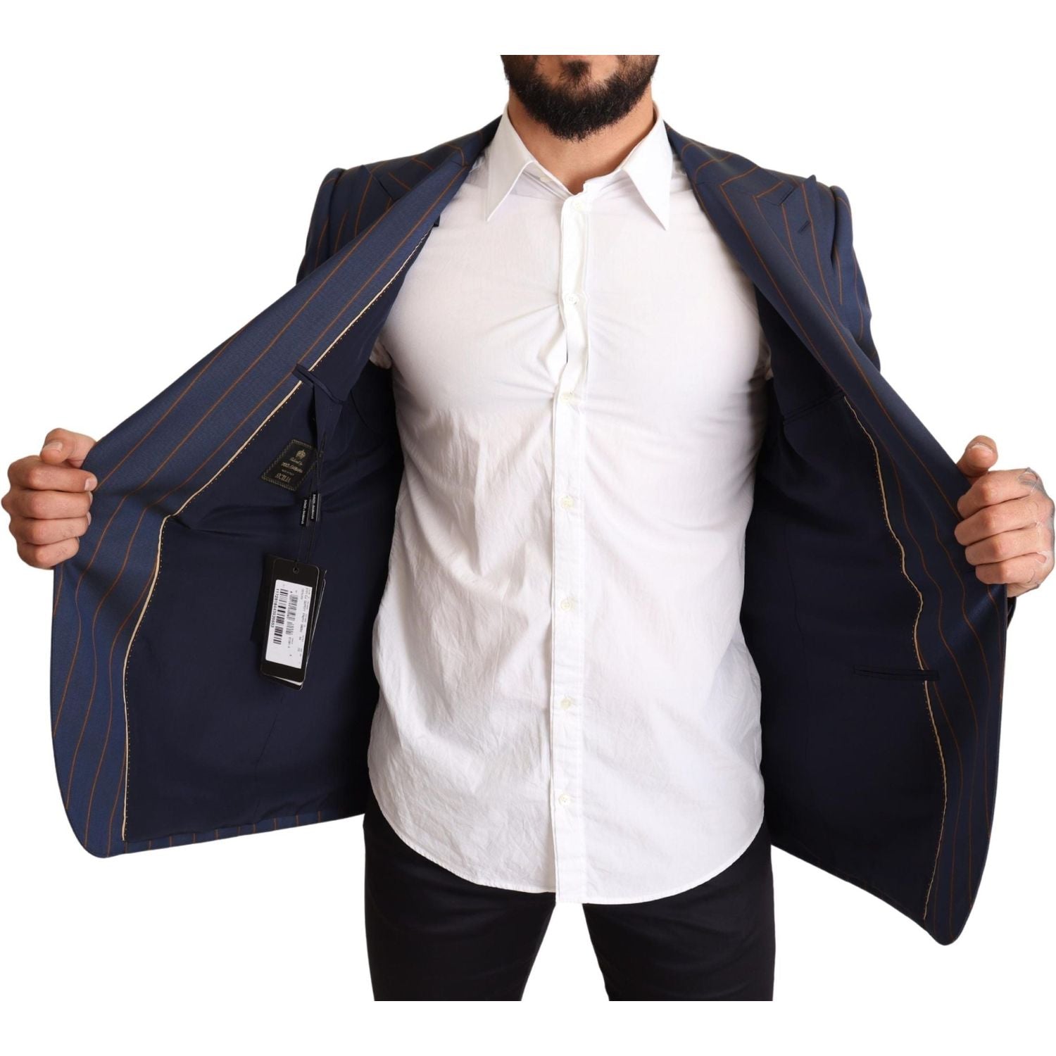 优雅修身蓝色条纹羊毛西装外套