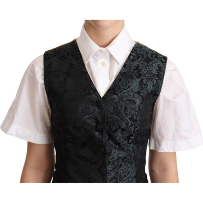 Dolce & Gabbana Black Jacquard Floral Waistcoat Vest Green