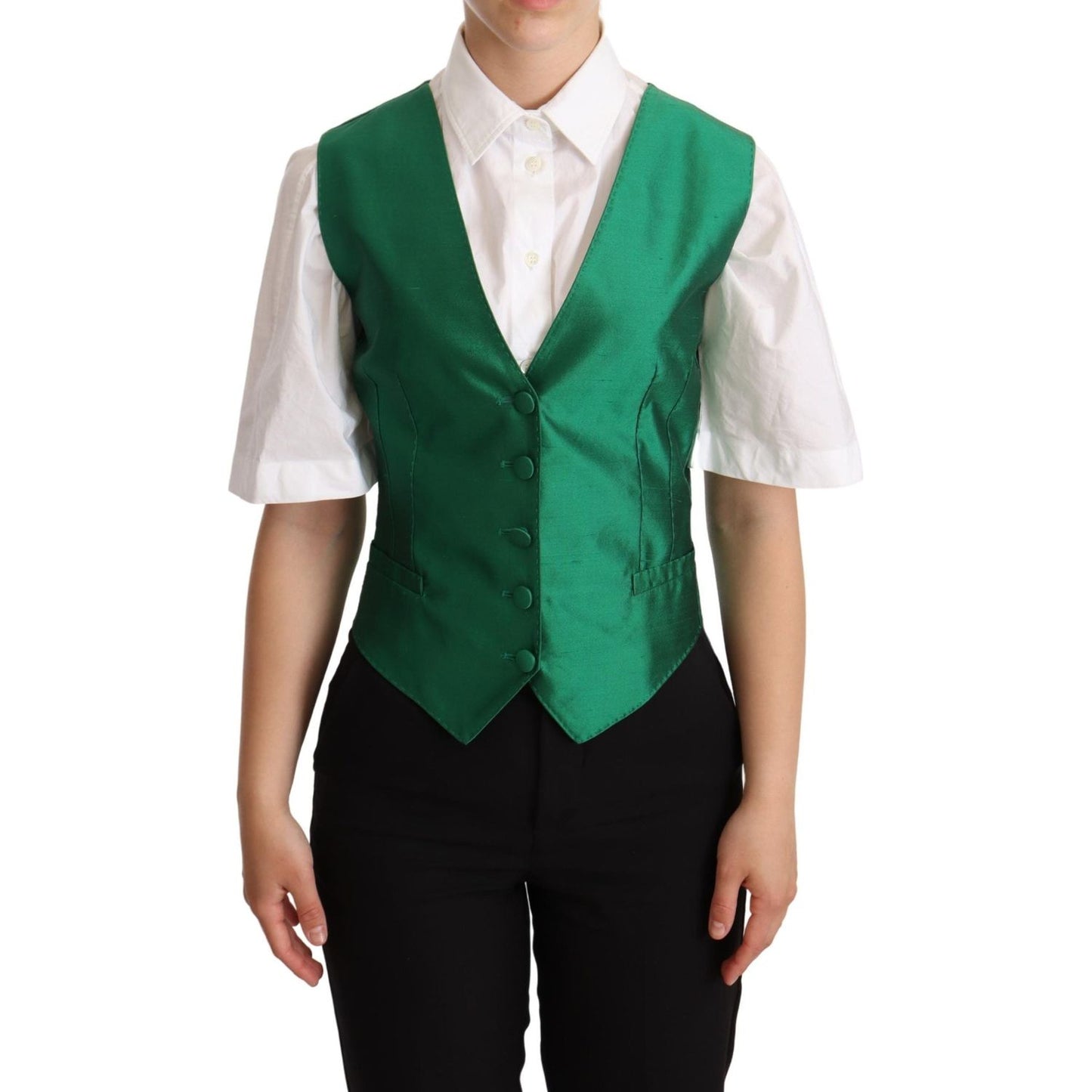 Dolce & Gabbana Green Silk Satin Sleeveless Waistcoat Vest