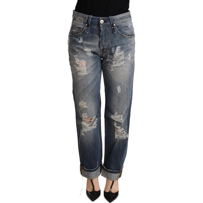 Acht Blue Tattered Mid Waist Straight Denim Trouser
