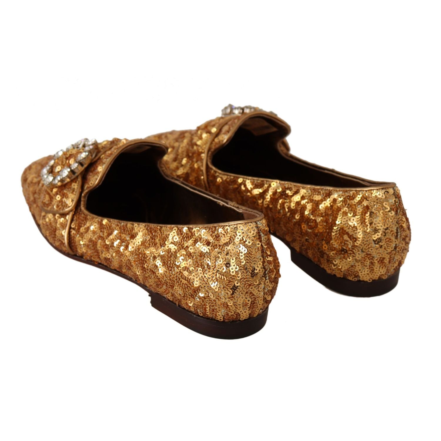 Dolce & Gabbana Gold Sequin Crystal Flat Women Loafers Shoes
