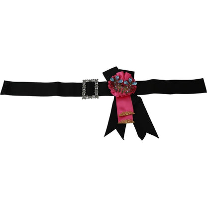 Dolce & Gabbana Black Pink Flower Brooch Crystals Cotton Belt