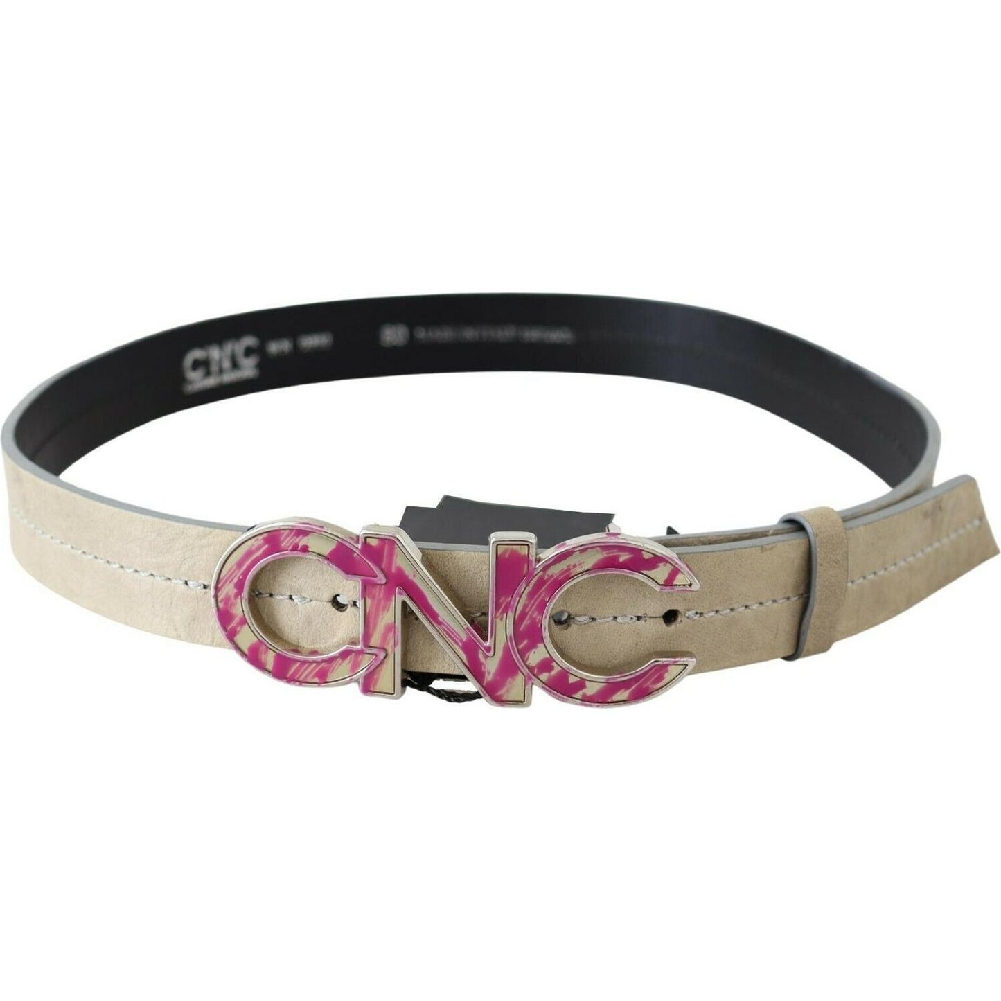 Costume National Beige Leather Pink Letter Logo Buckle Belt