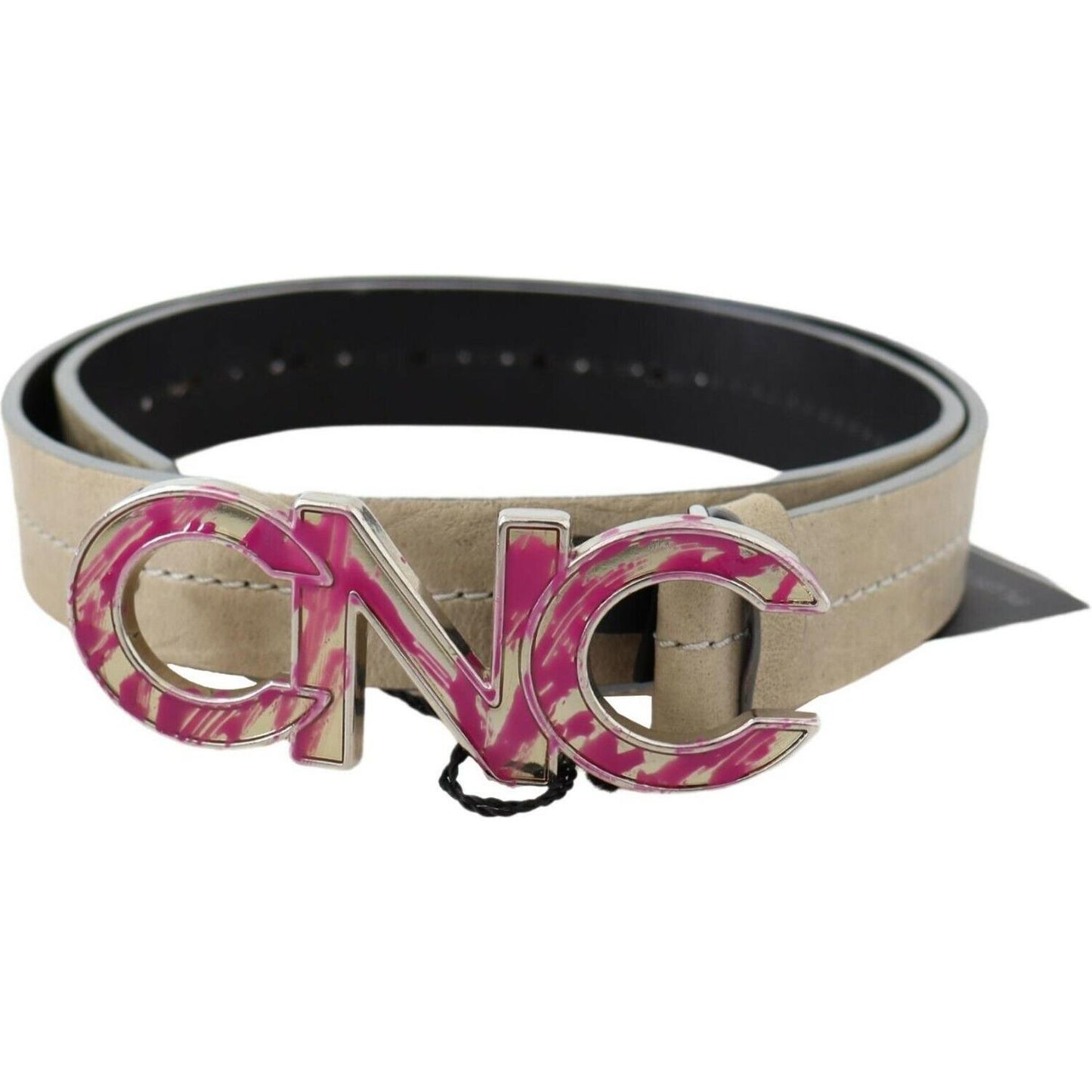 Costume National Beige Leather Pink Letter Logo Buckle Belt