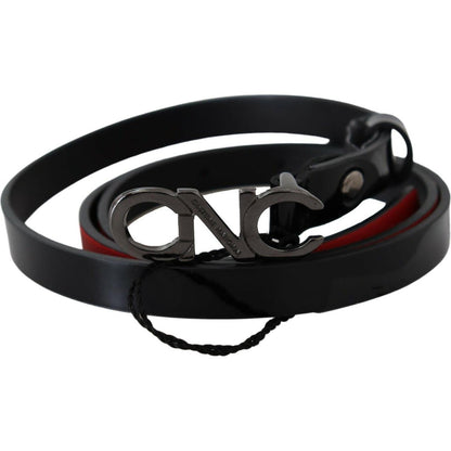Costume National Black Skinny Leather Logo Buckle Belt