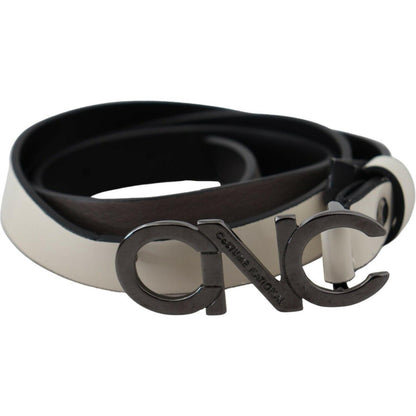 Costume National White Black Leather Letter Logo Buckle Belt