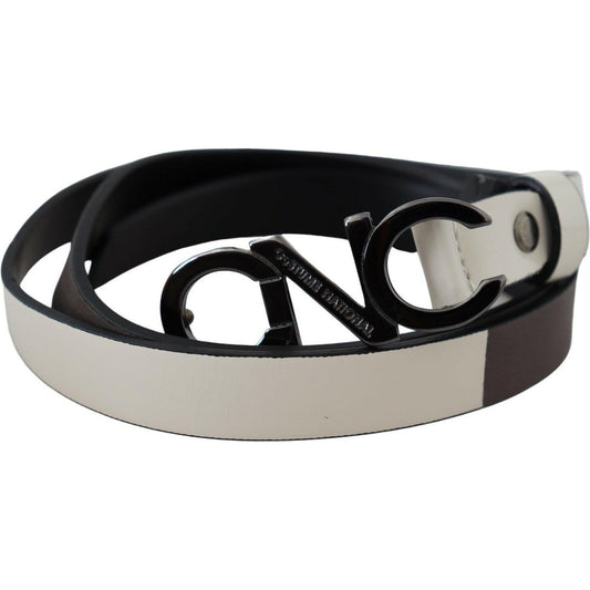 Costume National White Black Leather Letter Logo Buckle Belt