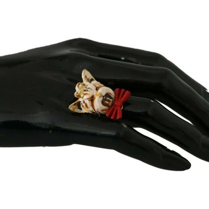 Dolce & Gabbana Beige Dog Pet Branded Accessory Gold Brass Resin Ring