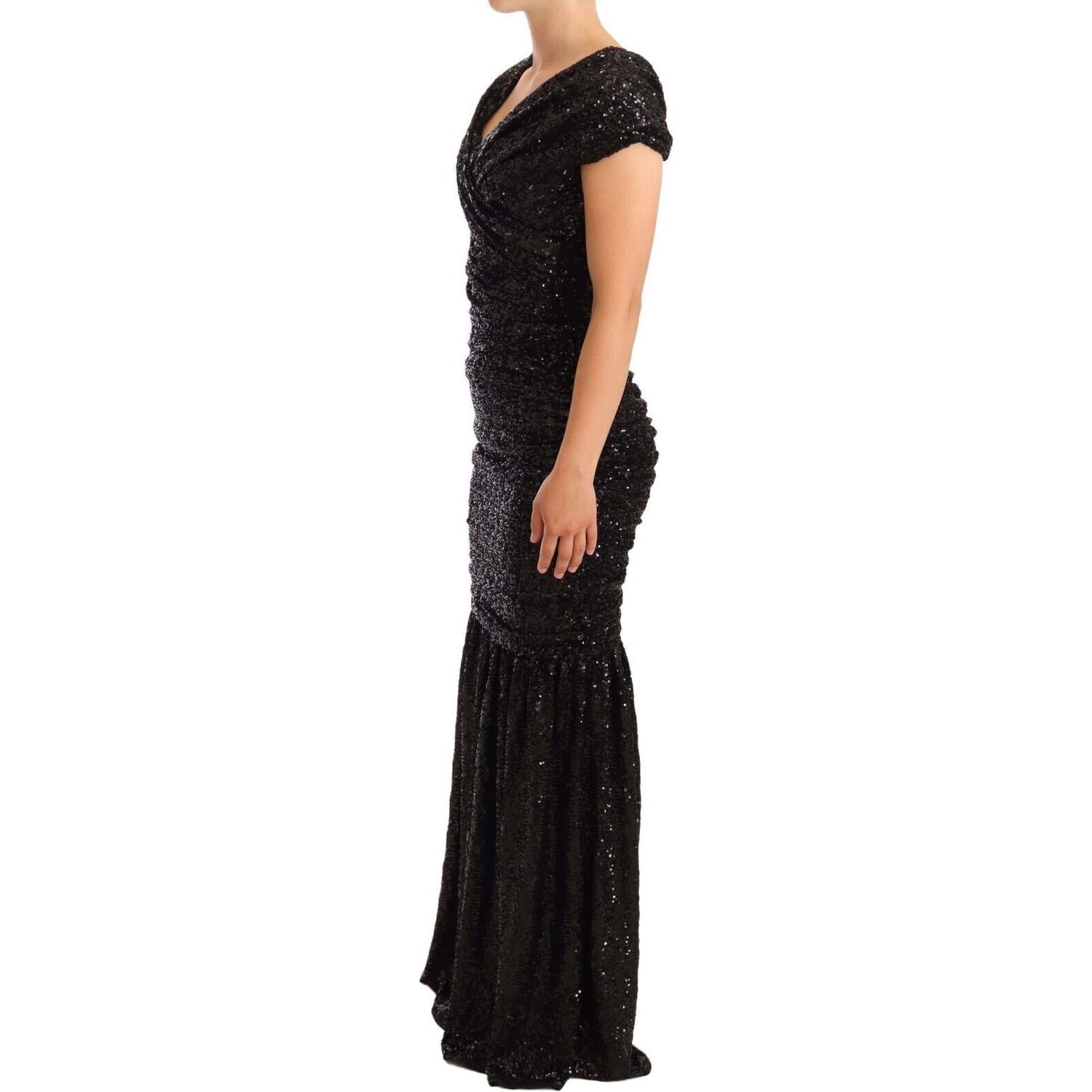 Dolce & Gabbana Black Sequined Open Shoulder Long Gown Dress
