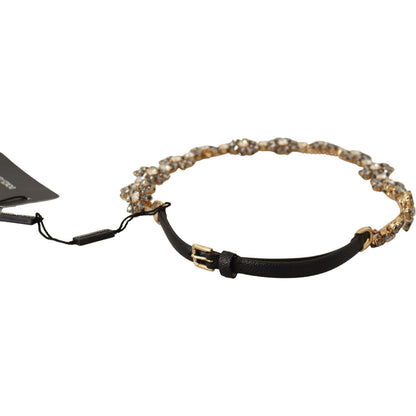 Dolce & Gabbana Black Daisy Crystal Dauphine Texture Belt