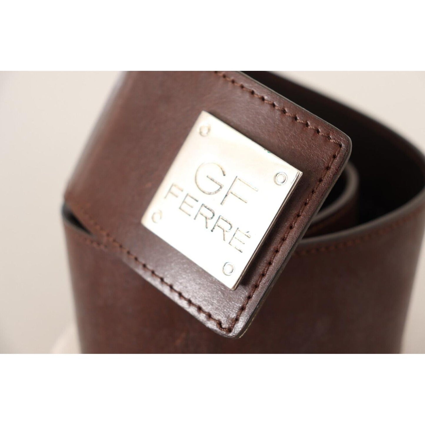 GF Ferre Brown Genuine Leather Wide Logo Buckle Waist Belt