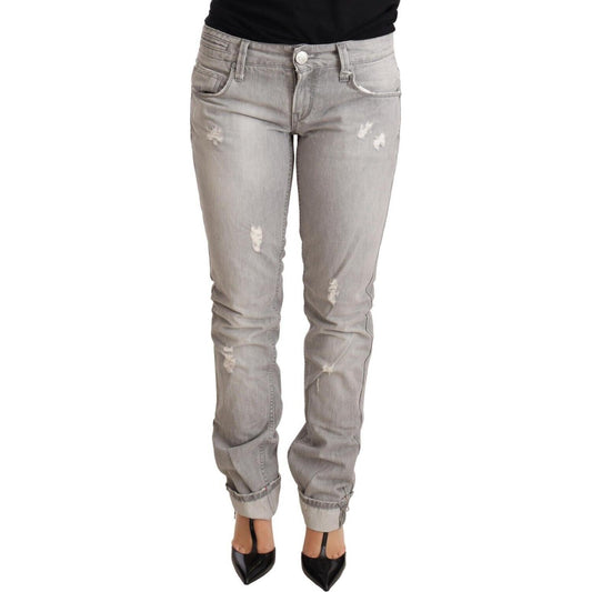 Acht Gray Tattered Cotton Slim Fit Folded Hem Women Denim Jeans