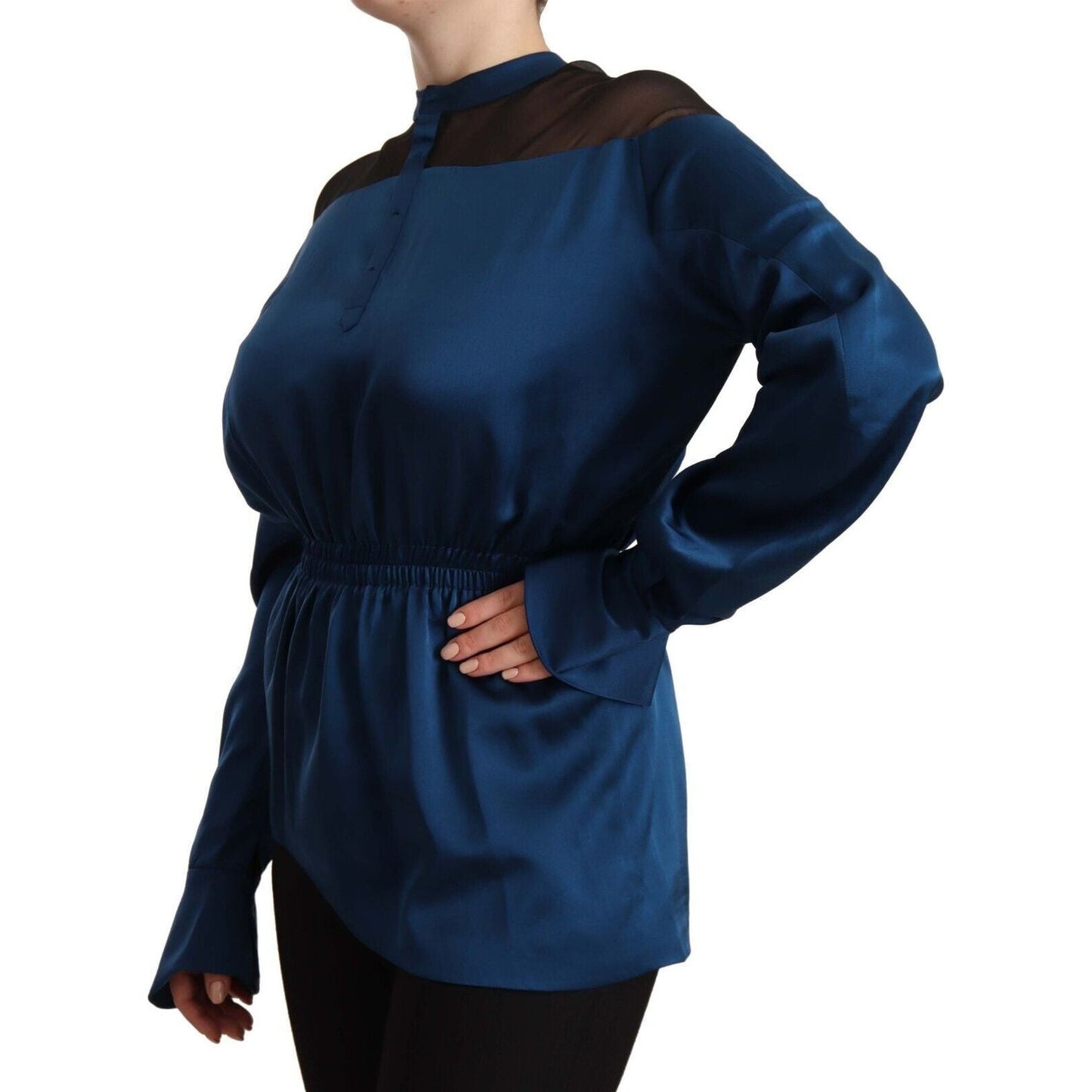 Masha Ma Blue Silk Long Sleeves Elastic Waist Top Blouse