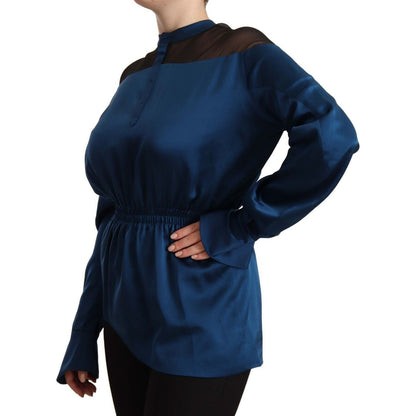 Masha Ma Blue Silk Long Sleeves Elastic Waist Top Blouse