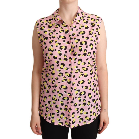 Love Moschino Pink Leopard Print Sleeveless Collared Polo Top