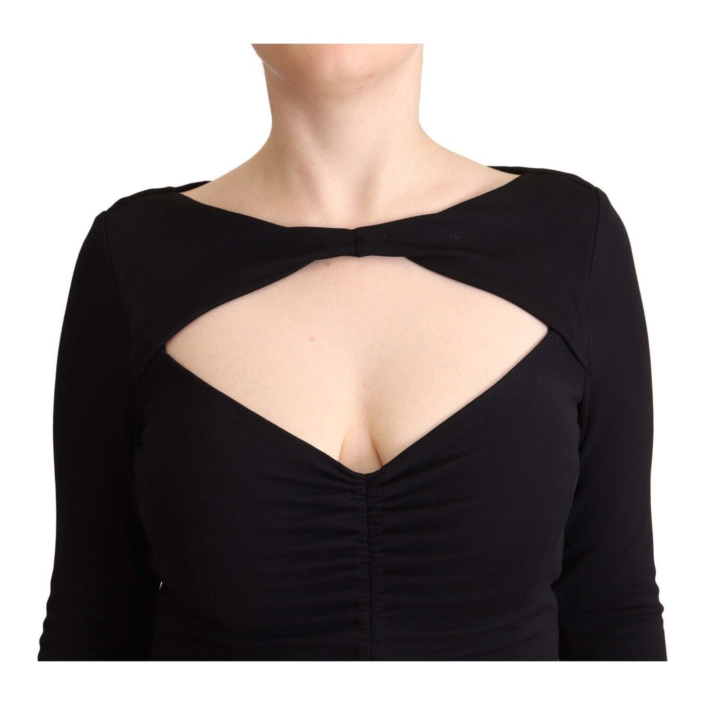 PINKO Black Nylon Stretch Long Sleeves Deep V-neck Maxi Dress