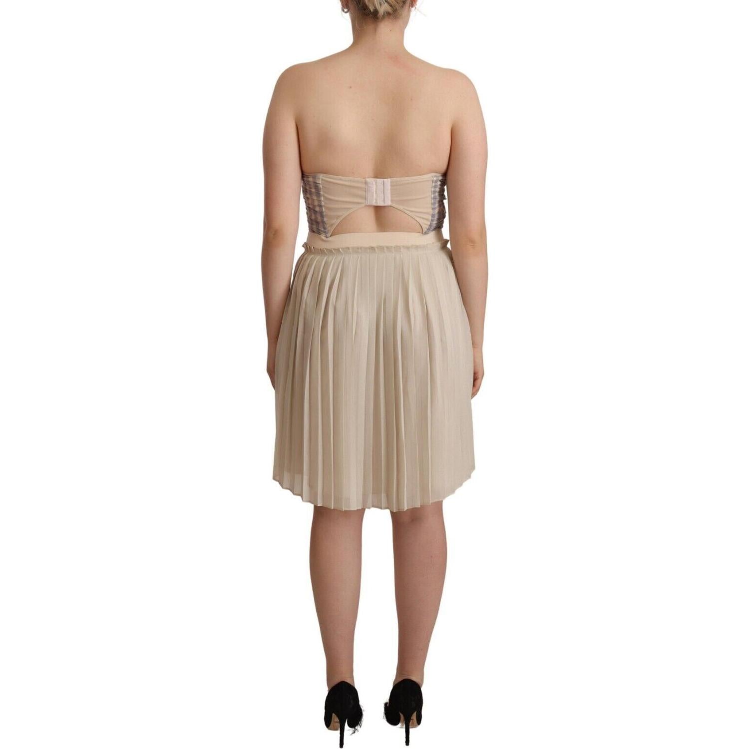 Guess Beige Checkered Pleated A-line Strapless Bustier Dress