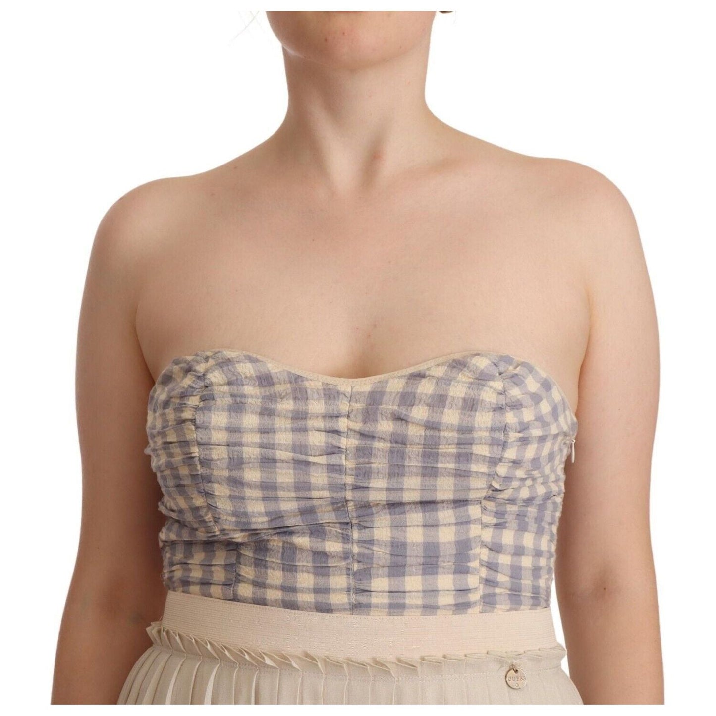 Guess Beige Checkered Pleated A-line Strapless Bustier Dress