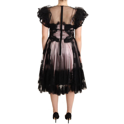 Dolce & Gabbana Black Pink Floral Lace A-line Midi Sheer Dress