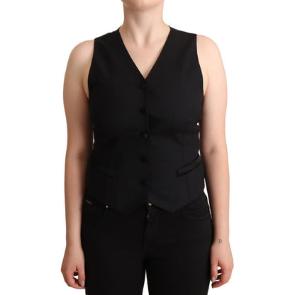 Dolce & Gabbana Black Button Down Sleeveless Viscose Vest Top