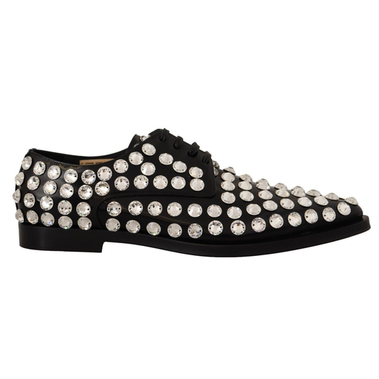 Dolce & Gabbana Black Leather Crystals Lace Up Formal Shoes