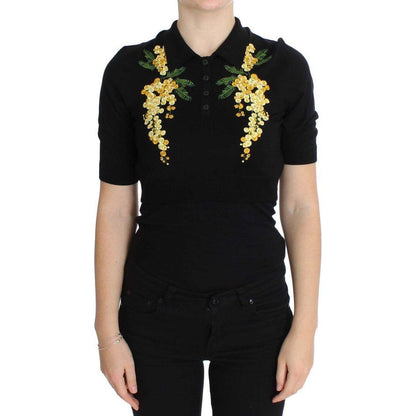 Dolce & Gabbana Black Silk Floral Embroidered Polo Top