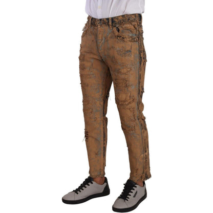 Dolce & Gabbana Brown Distressed Cotton Regular Denim Jeans