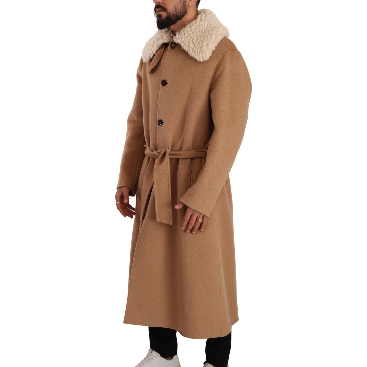 Dolce & Gabbana Opulent Beige Shearling-Collar Overcoat Dolce & Gabbana