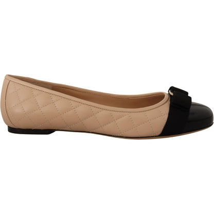 Salvatore Ferragamo Beige and Black Nappa Leather Ballet Flat Shoes