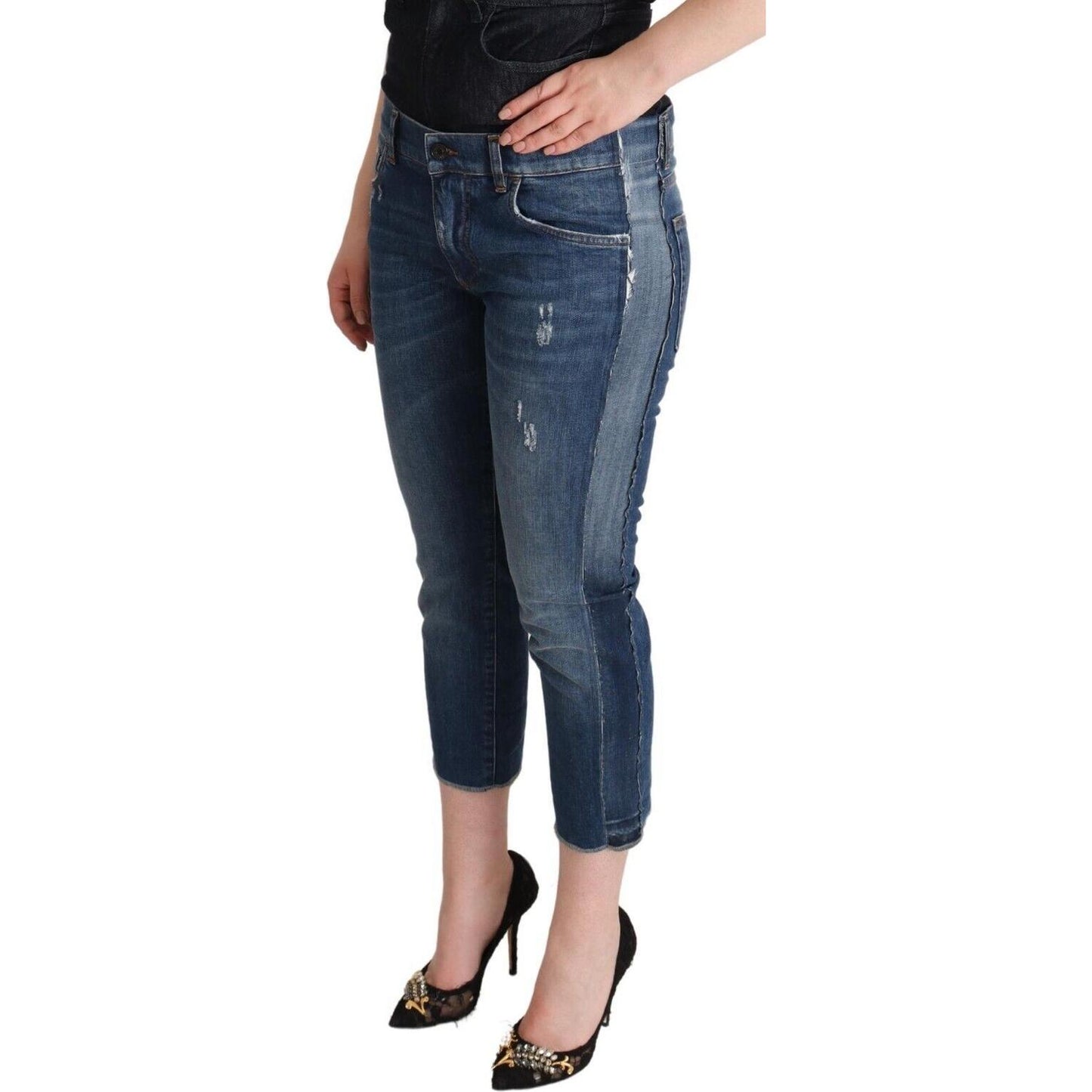 Dolce & Gabbana Blue Washed Mid Waist Denim Logo Cropped Jeans