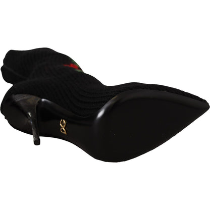 Dolce & Gabbana Black Stretch Socks Red Roses Booties Shoes