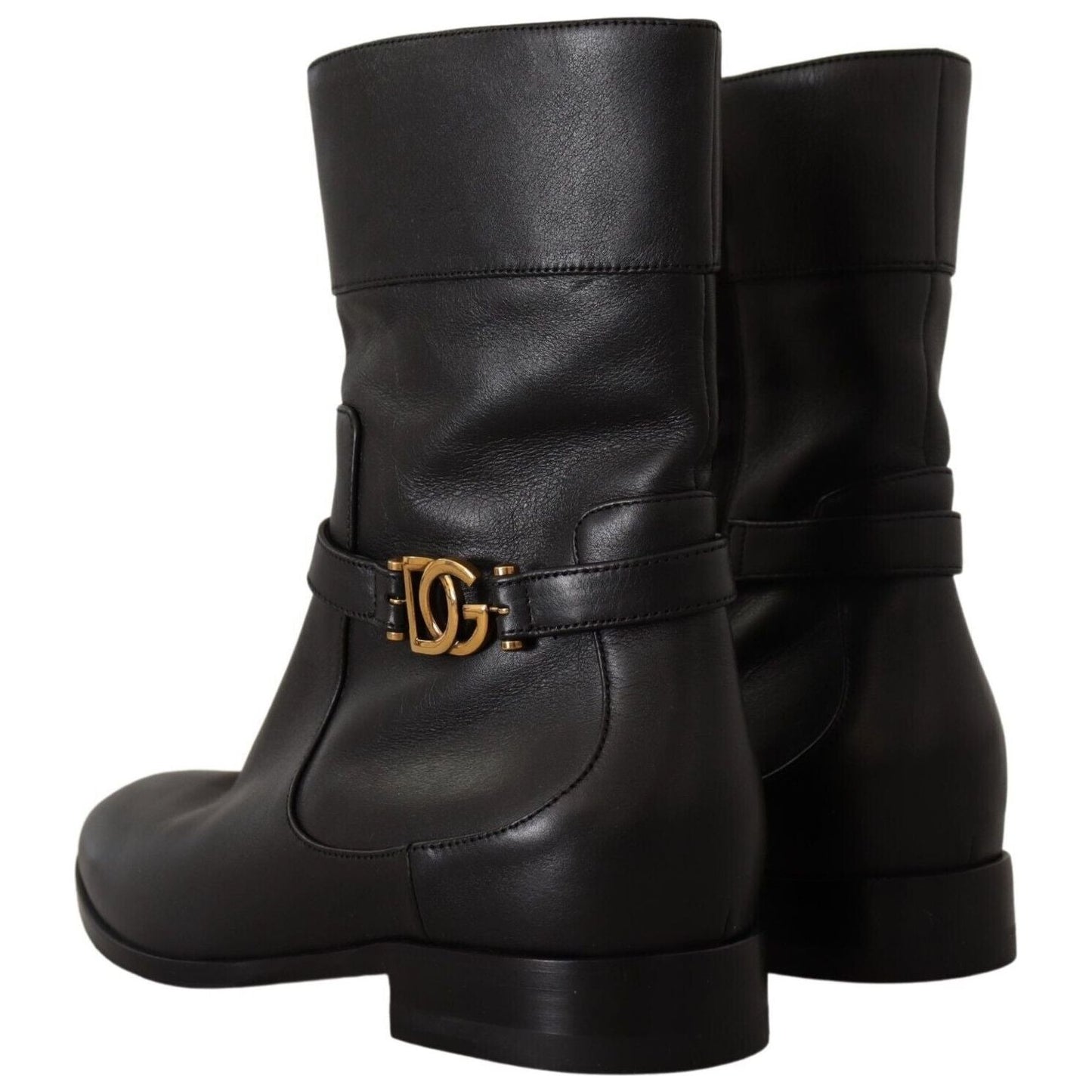 Dolce & Gabbana Black Leather Flats Logo Short Boots Shoes