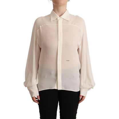 Dsquared² Off White Silk Long Sleeves Collared Blouse Top